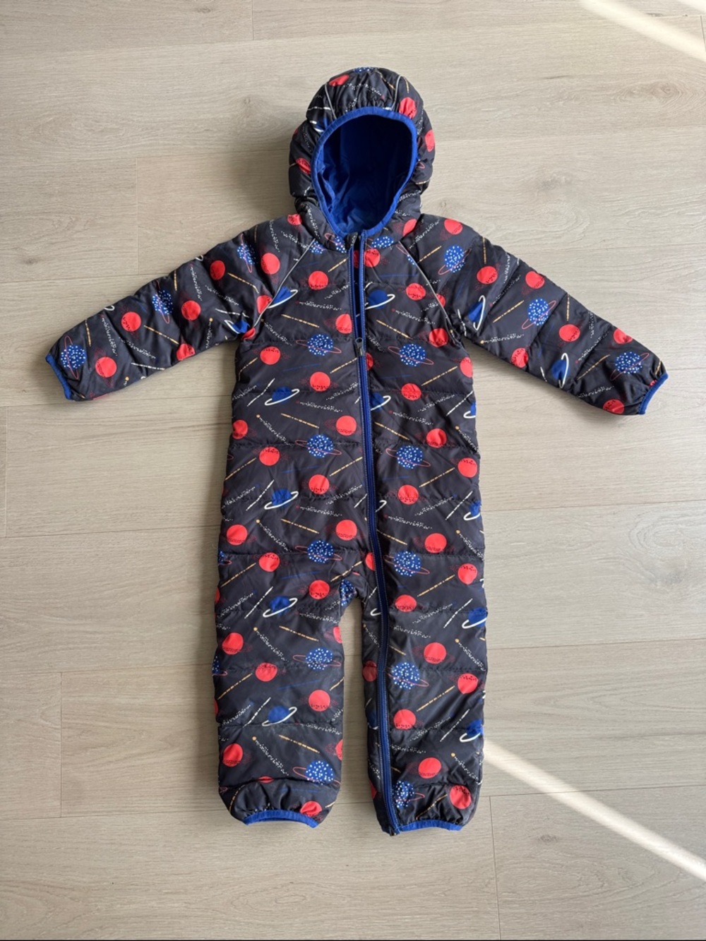 Hanna Andersson Navy Puffer Snowsuit with Red Dot Print